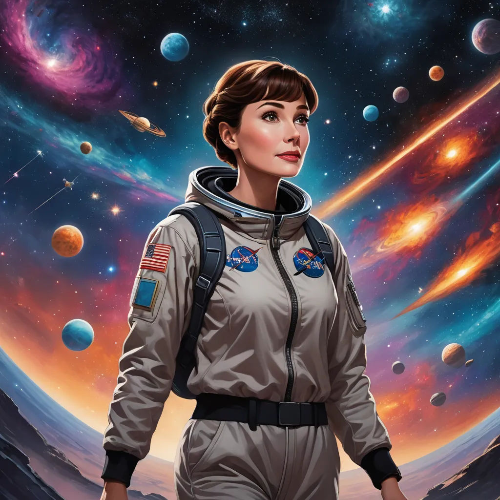 a woman in a space suit standing in front of planets and stars in the sky with a space shuttle in the background, space art, poster art, Eve Ryder, josan gonzales and dan mumford