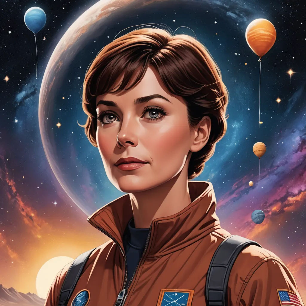 a woman in a brown jacket with a space background and planets in the background, with a crescent of stars in the sky, space art, an ultrafine detailed painting, Dan Mumford, josan gonzales and dan mumford