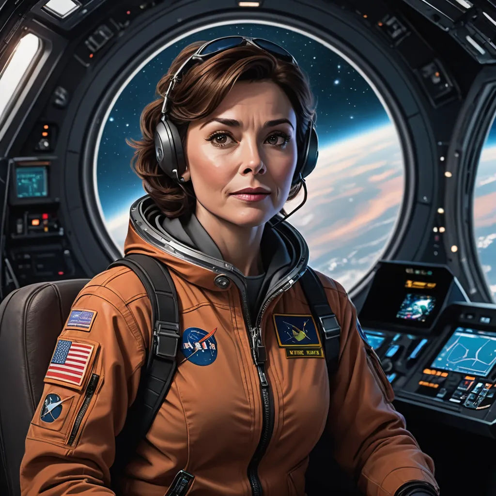 a woman in a space suit sitting in a space station with a view of the earth through a window, space art, a digital painting, Colin Middleton, highly detailed digital painting