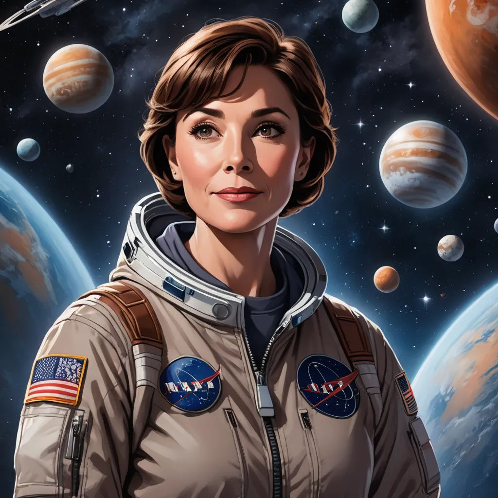 a woman in a space suit standing in front of planets and stars with a space shuttle in the background, space art, a character portrait, Eve Ryder, highly detailed digital painting