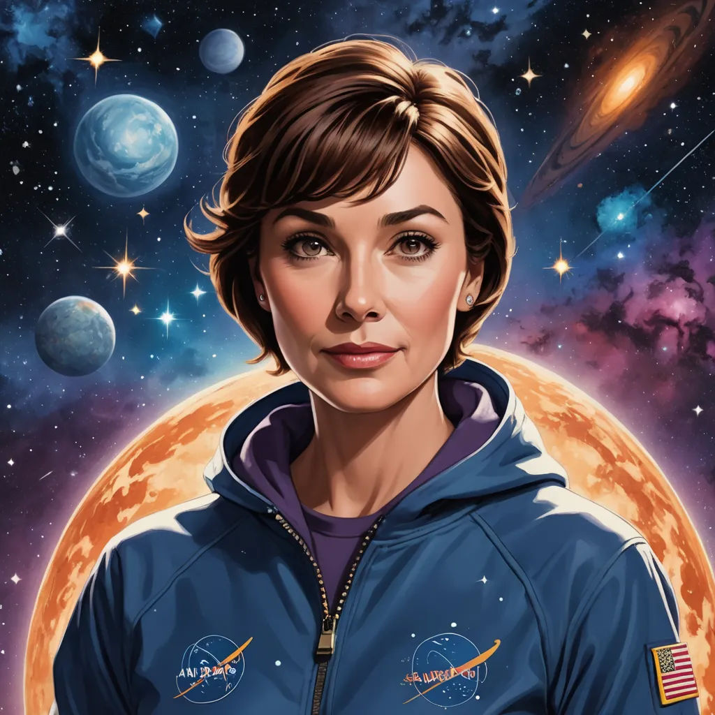 a painting of a woman in a space suit with planets in the background and a full moon in the sky, space art, a character portrait, Eve Ryder, josan gonzales and dan mumford
