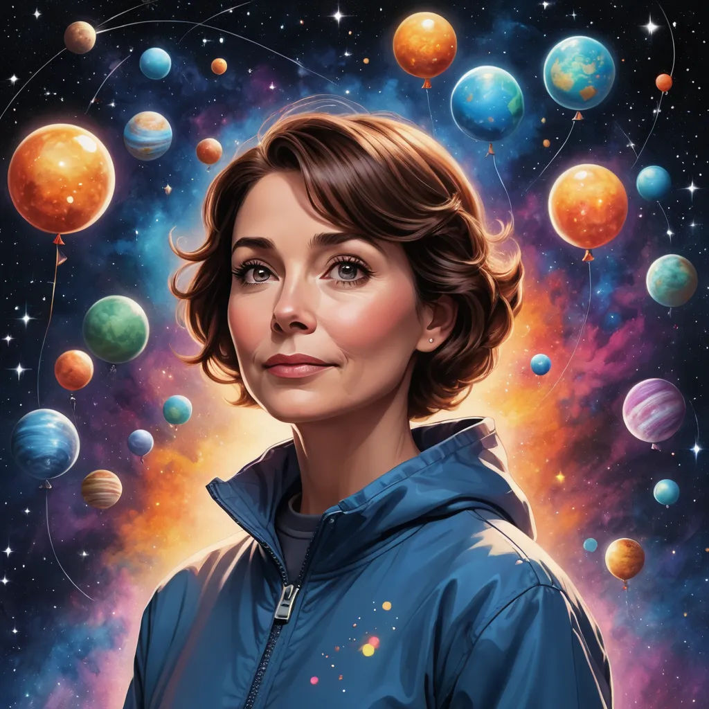 a painting of a woman in a blue jacket surrounded by planets and stars in the sky with a bright blue background, space art, an ultrafine detailed painting, Dan Mumford, josan gonzales and dan mumford