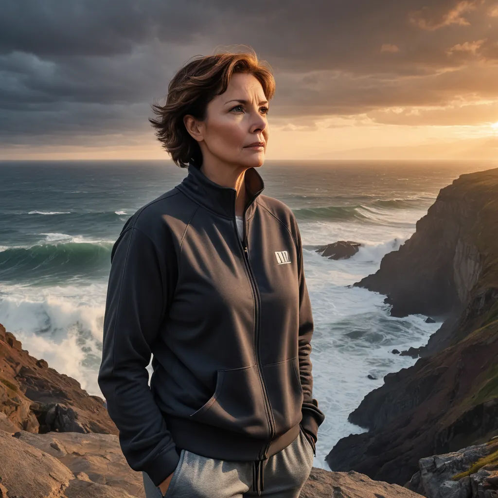 a woman standing on a rocky cliff overlooking the ocean at sunset with a storm in the sky above her, land art, a character portrait, Alison Debenham, promotional image