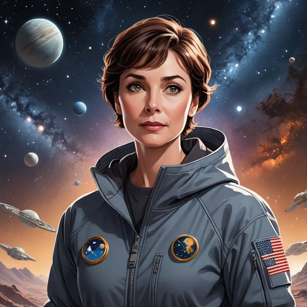 a woman in a space suit standing in front of a planet with a star treker on it's back, space art, a character portrait, Eve Ryder, highly detailed digital painting