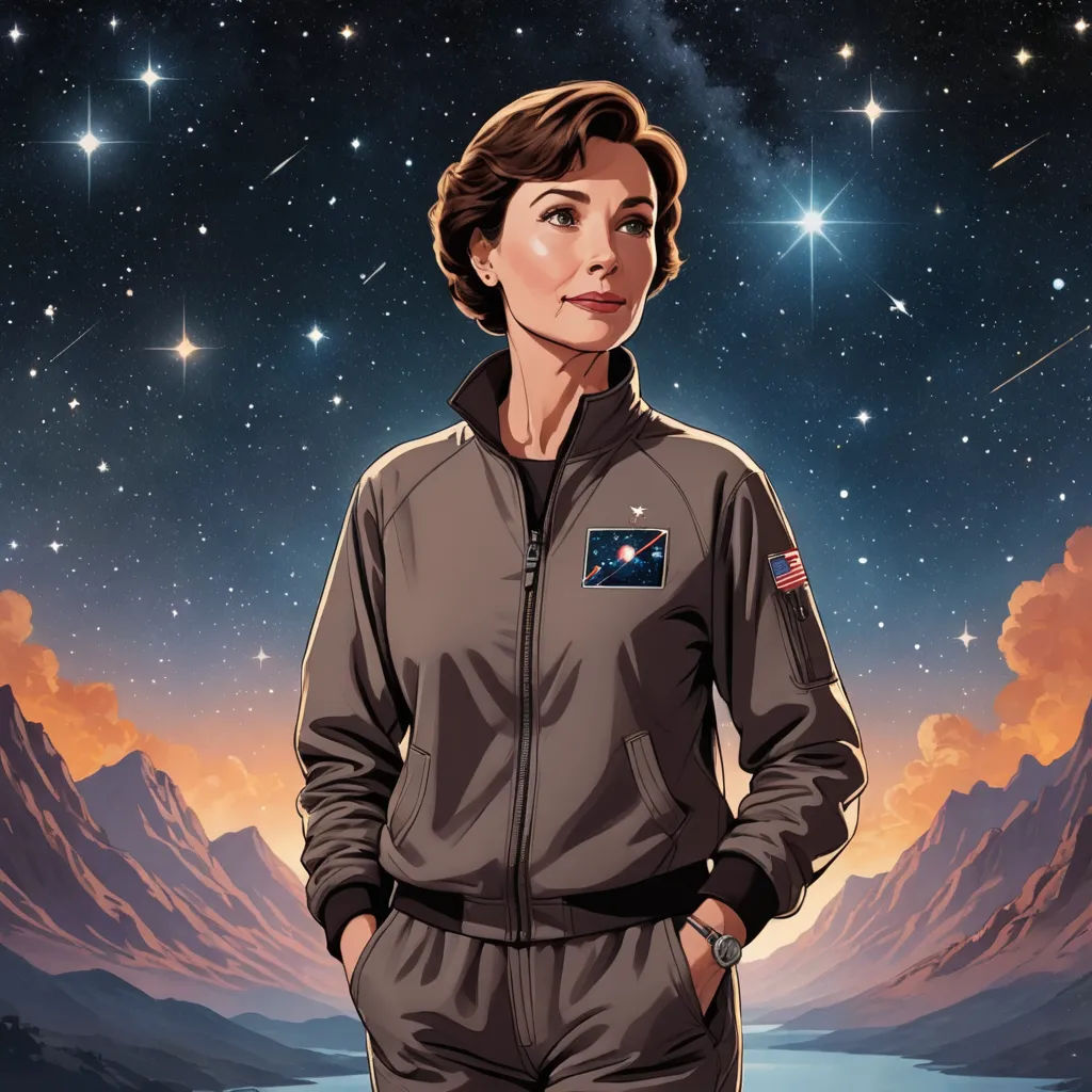 a woman in a space suit standing in front of a mountain range with stars in the sky above her, space art, poster art, Eve Ryder, promotional image