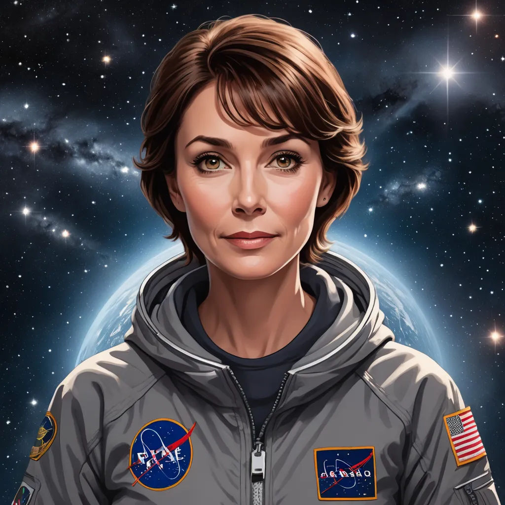 a woman in a space suit with a space background and stars in the sky behind her is a portrait of a woman in a space suit, space art, a character portrait, Eve Ryder, highly detailed digital painting