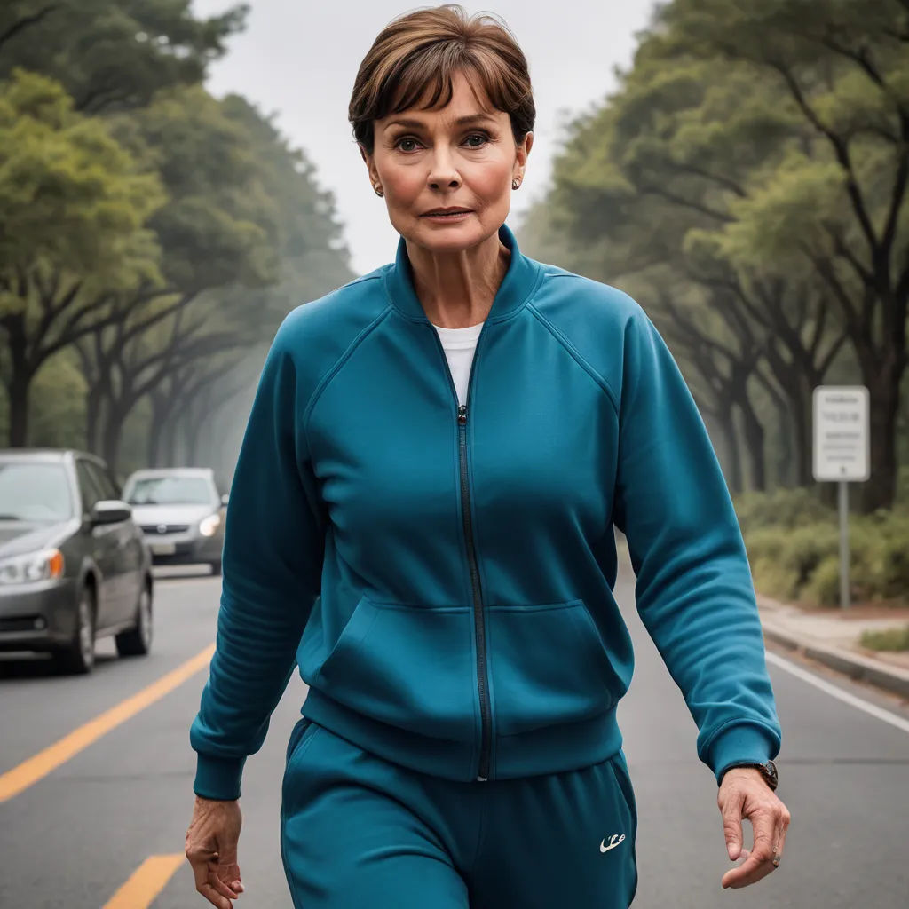 a woman walking down a street with a car behind her and trees in the background on a foggy day, naive art, a character portrait, Frances Jetter, promotional image