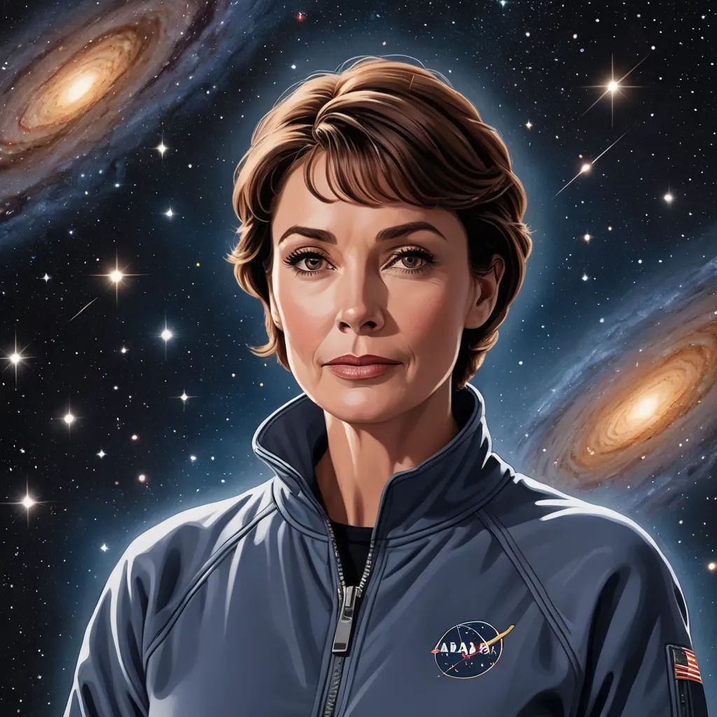 a painting of a woman in a space suit with a galaxy background and stars in the sky behind her, space art, a character portrait, Eve Ryder, promotional image