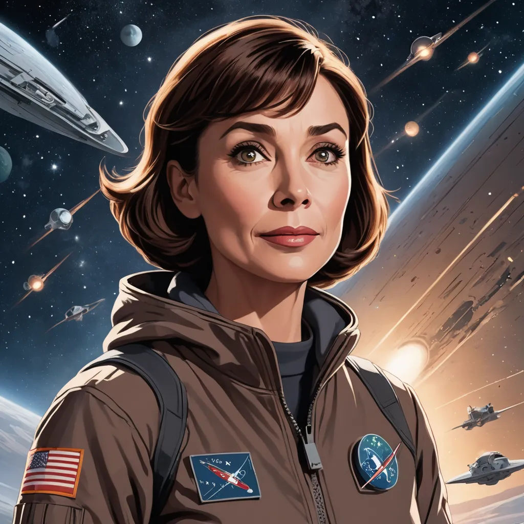 a woman in a space suit with a star trek scene in the background and a spaceship in the background, space art, a character portrait, Eve Ryder, promotional image