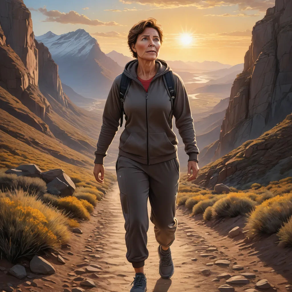 a woman is walking down a path in the mountains with a sunset in the background and a mountain range in the distance, photorealism, an ultrafine detailed painting, Christophe Vacher, highly detailed digital painting