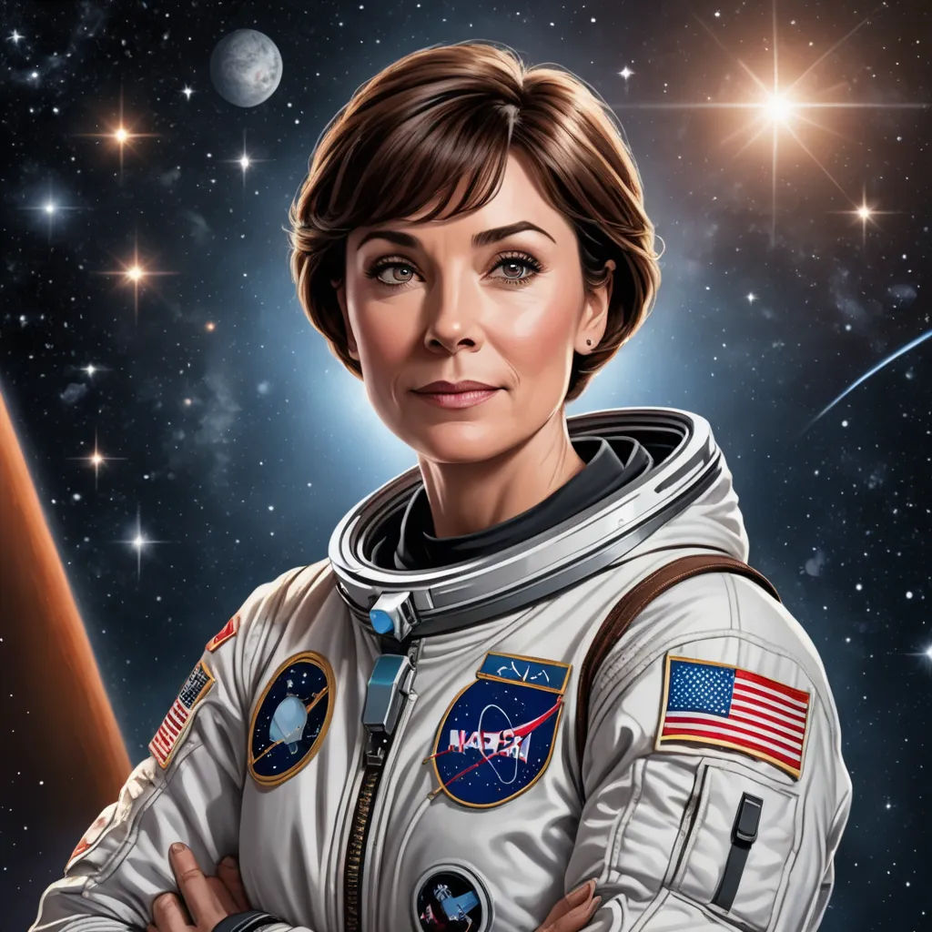 a woman in a space suit standing in front of a space shuttle and stars in the background with her arms crossed, space art, a detailed painting, Eve Ryder, highly detailed digital painting