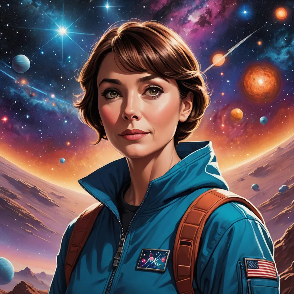a woman in a blue jacket standing in front of a space scene with planets and stars in the background, space art, poster art, Dan Mumford, josan gonzales and dan mumford