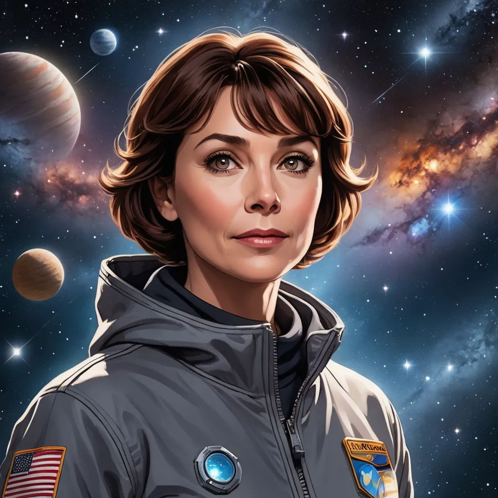 a woman in a space suit with planets in the background and a star field in the background with a blue sky and stars, space art, an ultrafine detailed painting, Eve Ryder, highly detailed digital painting