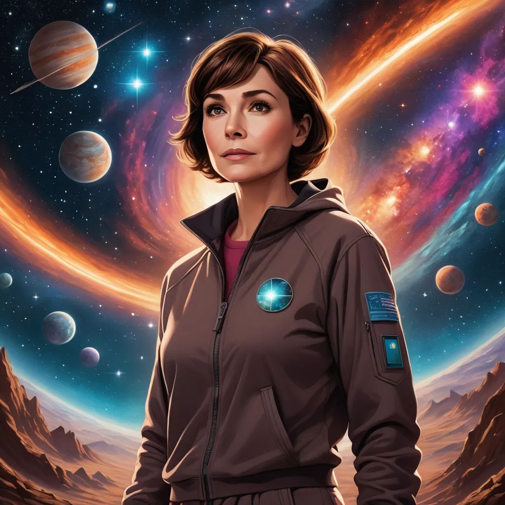 a woman in a space suit standing in front of planets and stars with a sky background that has a red and blue star, space art, poster art, Eve Ryder, promotional image