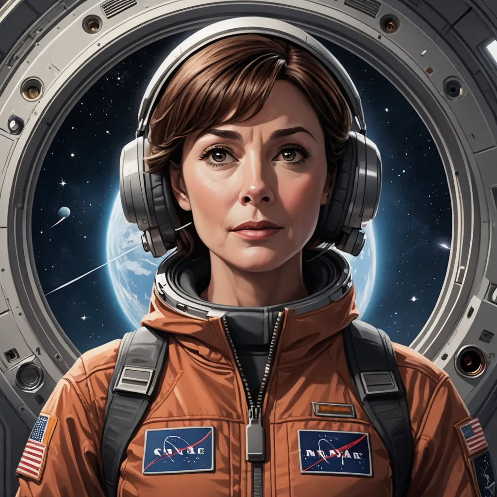 a woman in a space suit with headphones on her head and a space background with a planet in the background, space art, a detailed painting, Eve Ryder, highly detailed digital painting