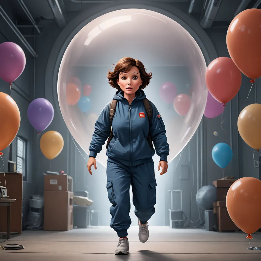 a woman in a blue jumpsuit is walking through a room with balloons and a large bubble in the background, photorealism, an ultrafine detailed painting, Edward George Handel Lucas, cgstudio
