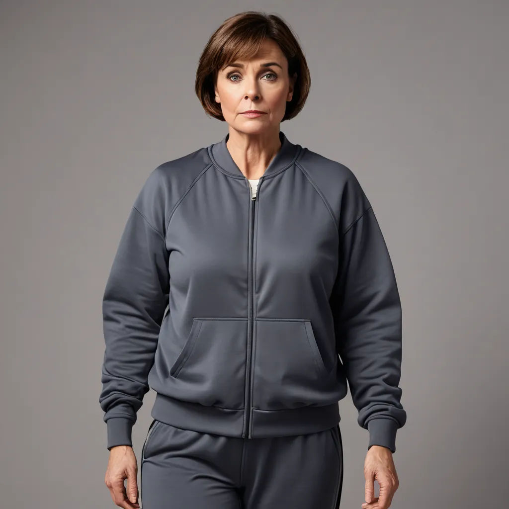 a woman in a gray jacket and pants posing for a picture with a gray background and a gray background, figurativism, a character portrait, Barbara Greg, promotional image