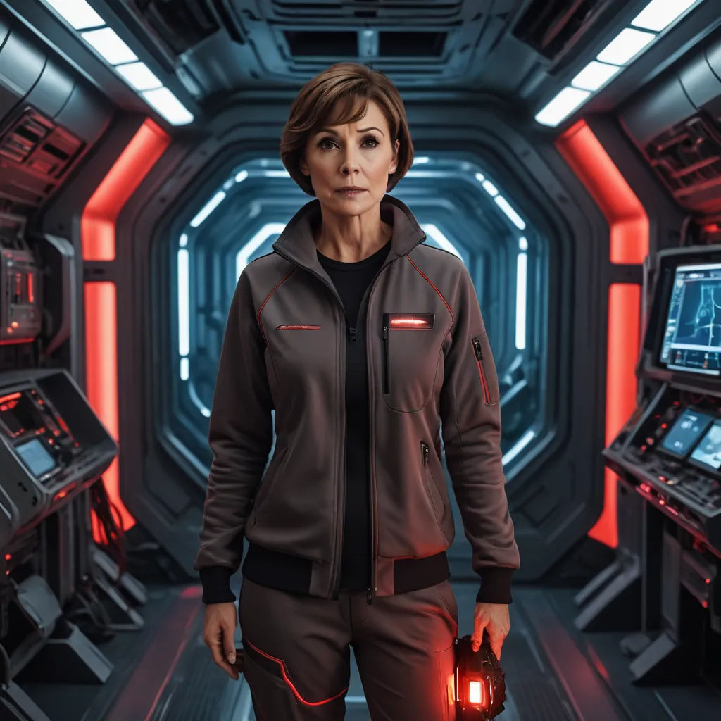 a woman in a sci - fi fi fi suit holding a light in her hand in a sci - fi room, retrofuturism, a character portrait, Eve Ryder, promotional image