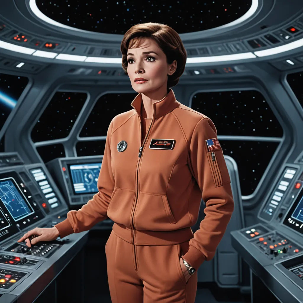 a woman in a star trek uniform standing in front of a control panel with a star trek ship in the background, retrofuturism, a detailed matte painting, Eve Ryder, promotional image