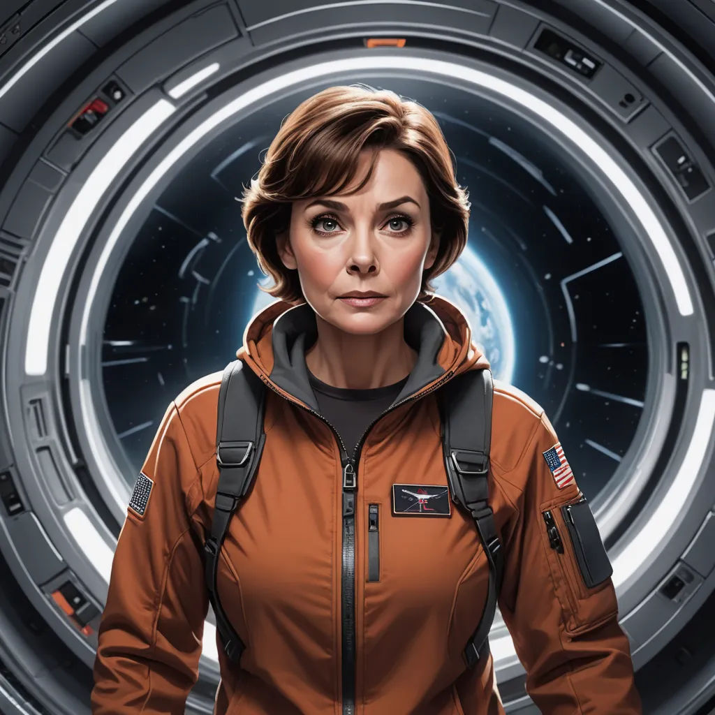 a woman in a space suit standing in front of a space station door with a planet in the background, space art, a character portrait, Eve Ryder, promotional image
