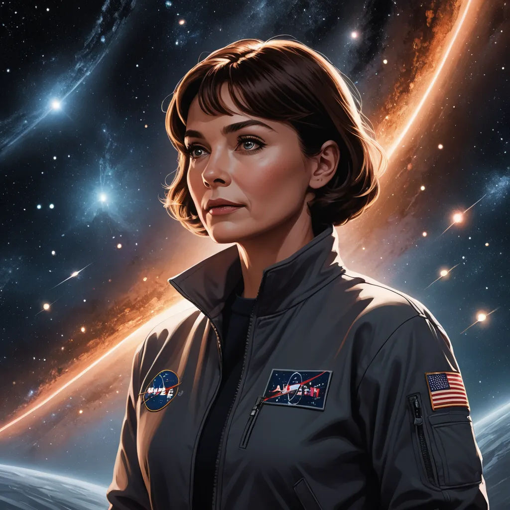 a woman in a space suit standing in front of a planet with stars and a sky background with a red star, space art, a character portrait, Eve Ryder, highly detailed digital painting