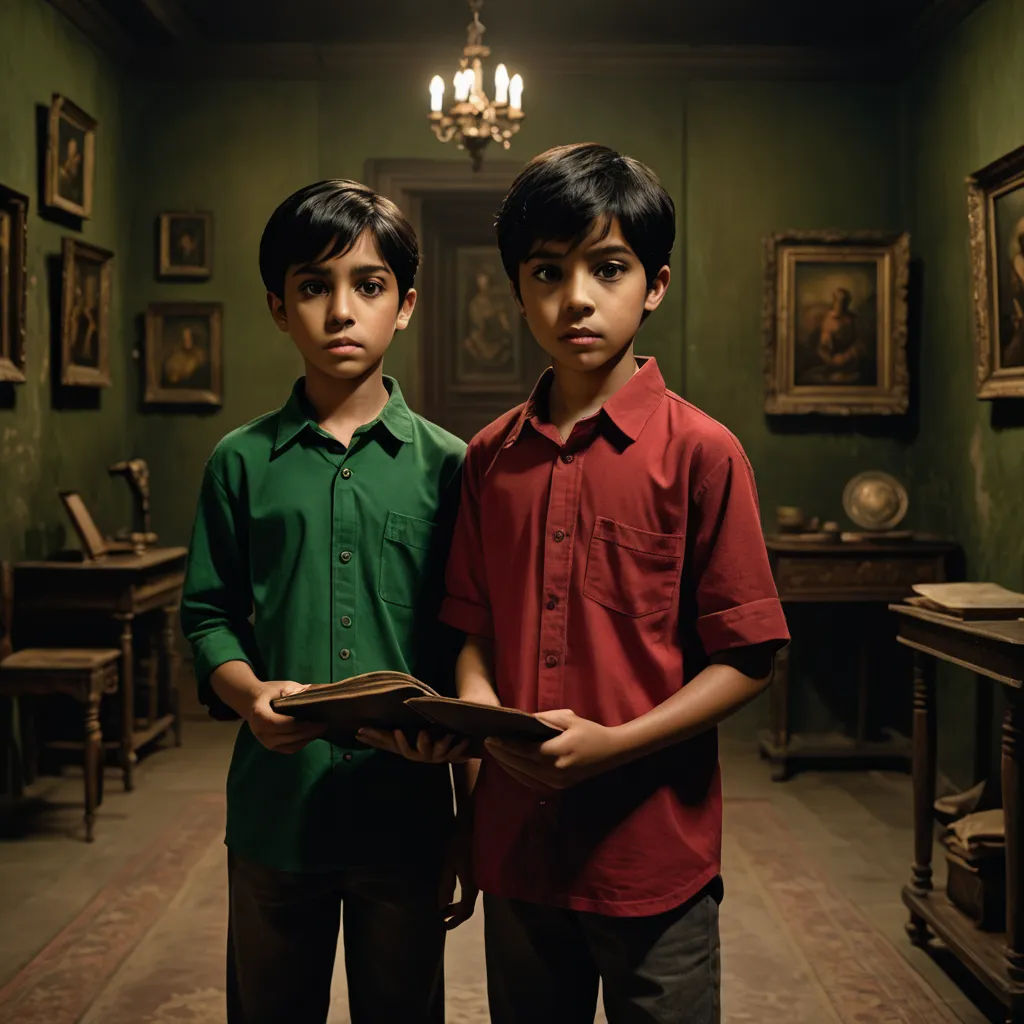 two boys standing in a room with paintings on the wall and a chandelier hanging from the ceiling, bengal school of art, poster art, David Teniers III, promotional image