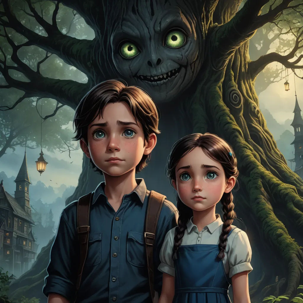 a painting of two children standing in front of a tree with a creepy face on it and a creepy looking tree behind them, fantasy art, a storybook illustration, Aaron Jasinski, promotional image