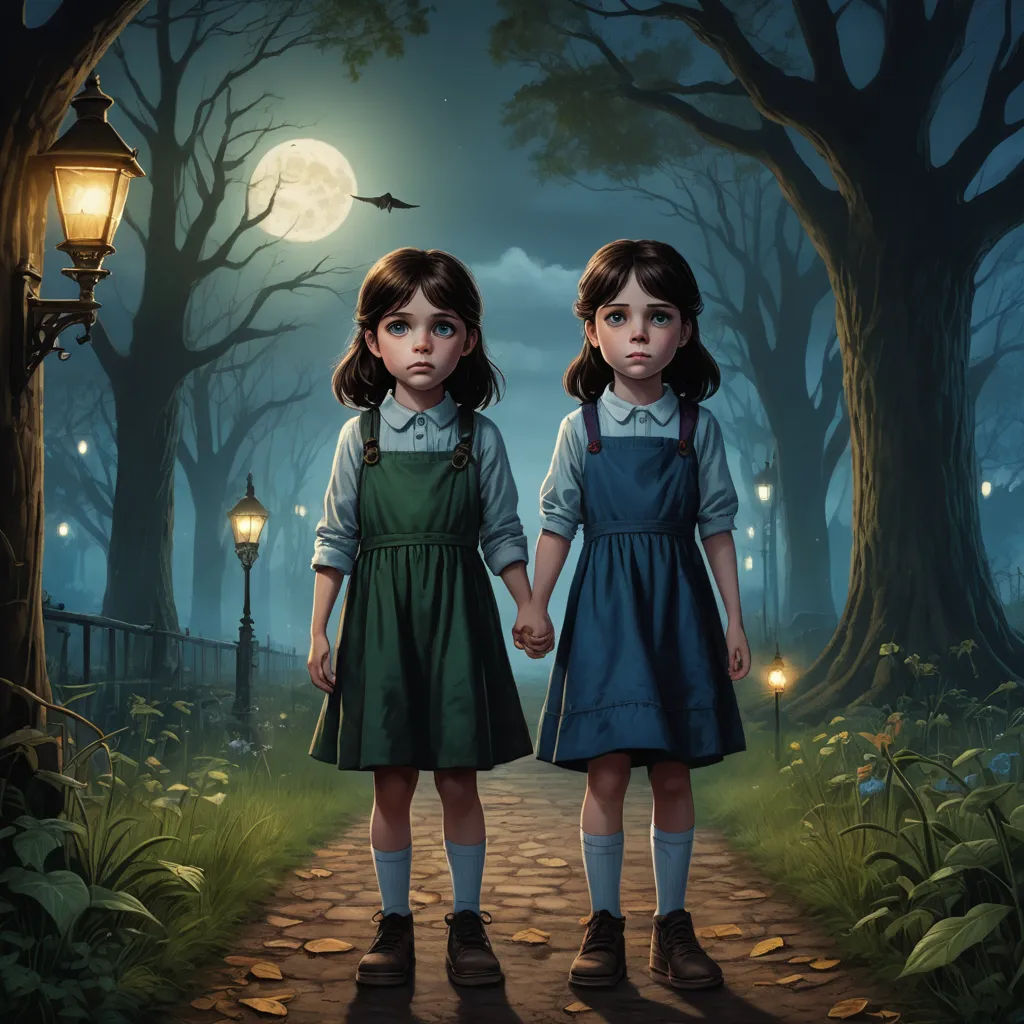 two little girls holding hands in a forest at night with a full moon in the background and a lantern lit tree, fantastic realism, a storybook illustration, Brothers Hildebrandt, official art