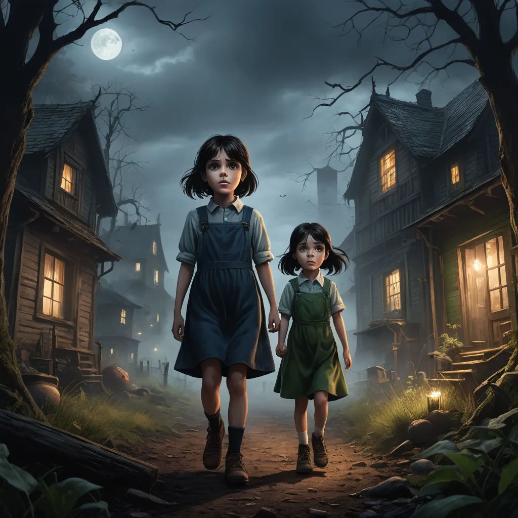 a couple of kids walking down a dirt road next to a house at night with a full moon in the sky, sots art, a detailed matte painting, Ada Gladys Killins, key art