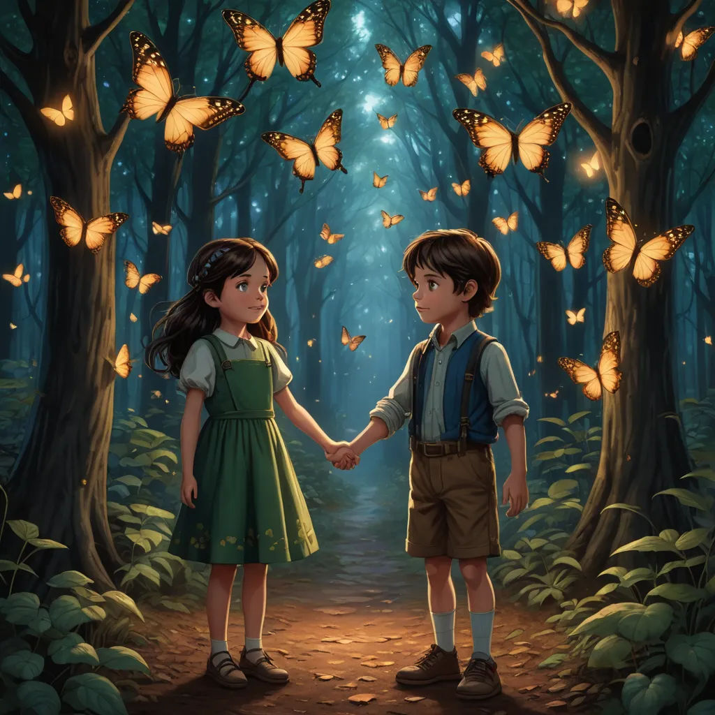 a painting of two children holding hands in a forest with butterflies flying overhead and a trail leading to them, magical realism, a storybook illustration, Cyril Rolando, storybook illustration