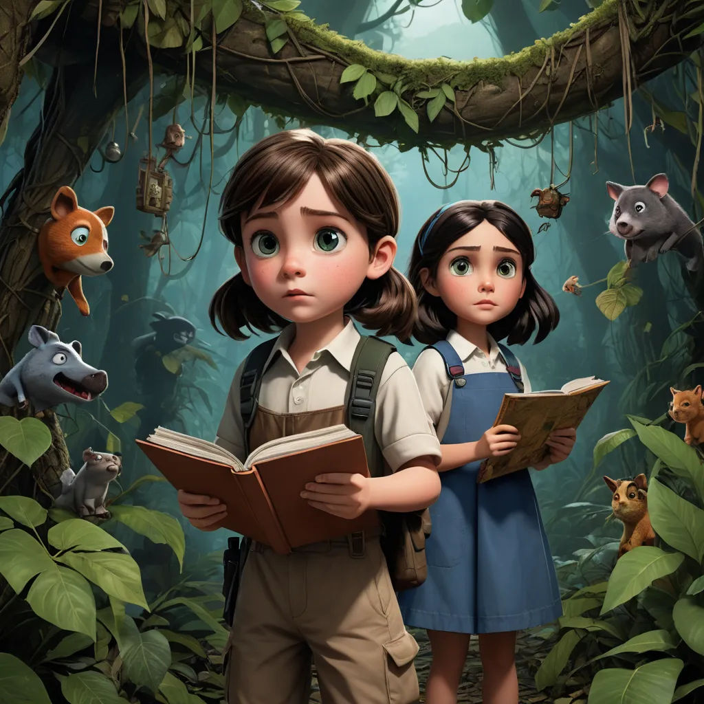 a couple of kids standing in a forest with a book in their hands and animals around them, with a jungle background, furry art, a storybook illustration, Cliff Childs, promotional image