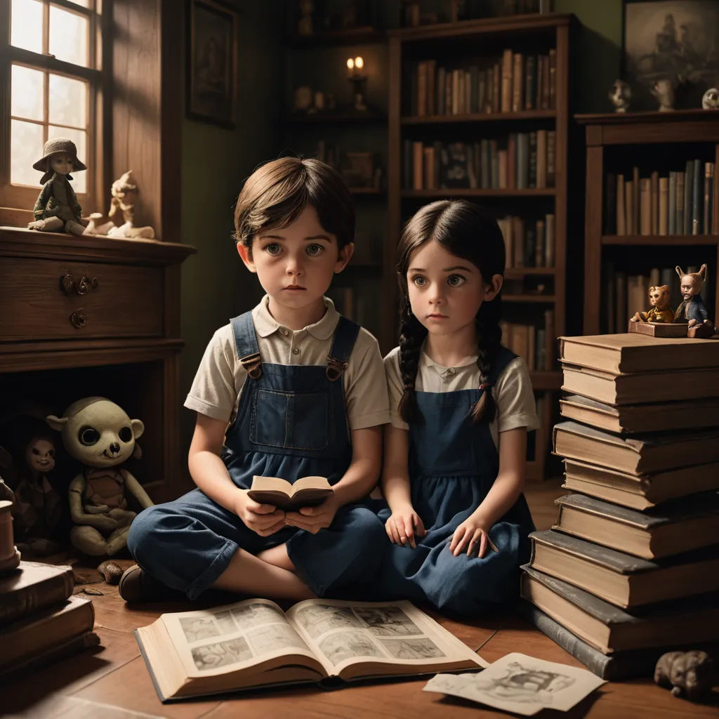 two children sitting on the floor with books in front of them and a teddy bear on the floor behind them, magical realism, a storybook illustration, Diego Gisbert Llorens, cinematic photography