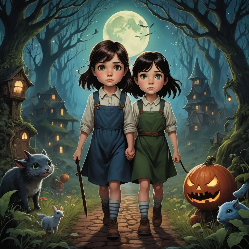 two children are walking through a forest with a cat and a pumpkin in front of them, with a full moon in the background, fantasy art, a storybook illustration, Brothers Hildebrandt, official art