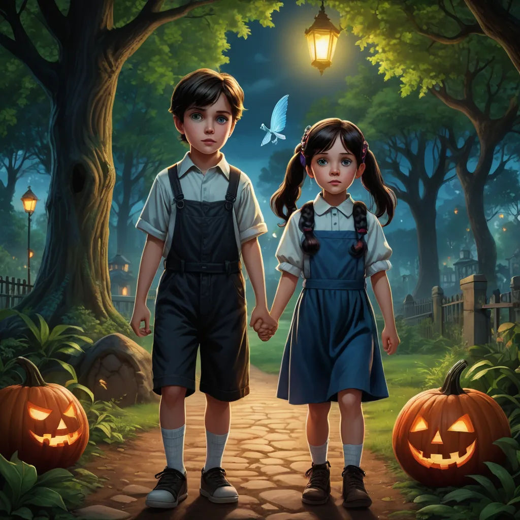 a painting of two children holding hands in a forest with pumpkins and a lantern on the ground,, gothic art, a storybook illustration, Aaron Jasinski, official art