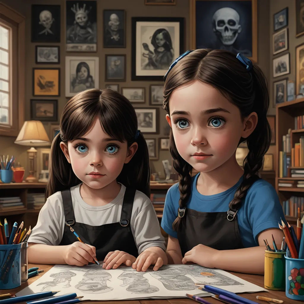 two little girls sitting at a table with a book and pencils in front of them, with a skull on the wall behind them, gothic art, a detailed painting, Art of Brom, highly detailed digital painting