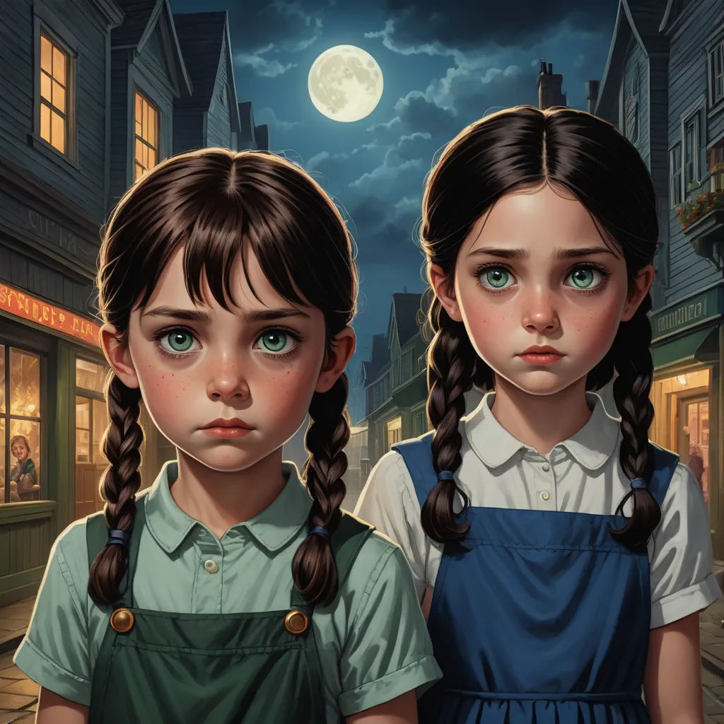 two little girls standing next to each other in front of a full moon and a building with a clock, gothic art, a detailed painting, Brothers Hildebrandt, trending on art station