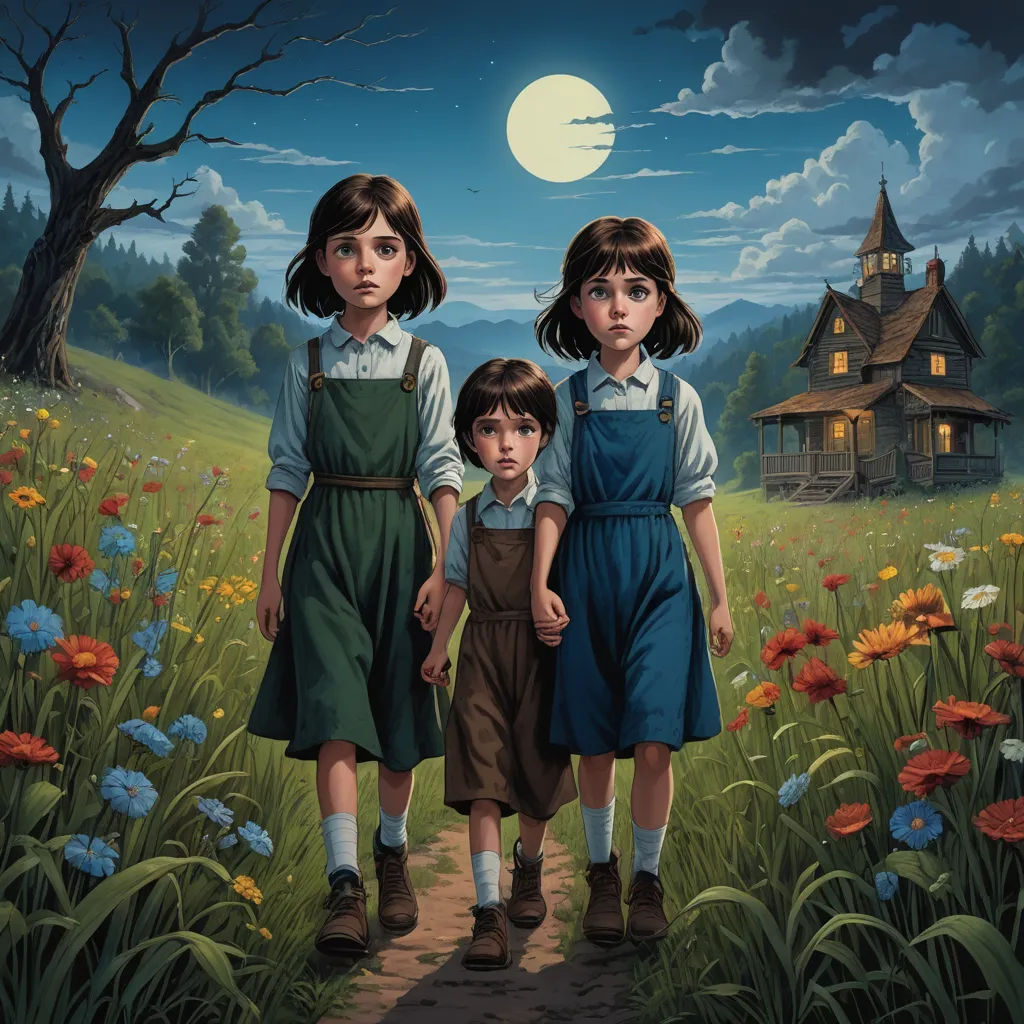 a painting of three children standing in a field of flowers with a house in the background and a full moon, fantastic realism, a detailed painting, Aaron Jasinski, official art