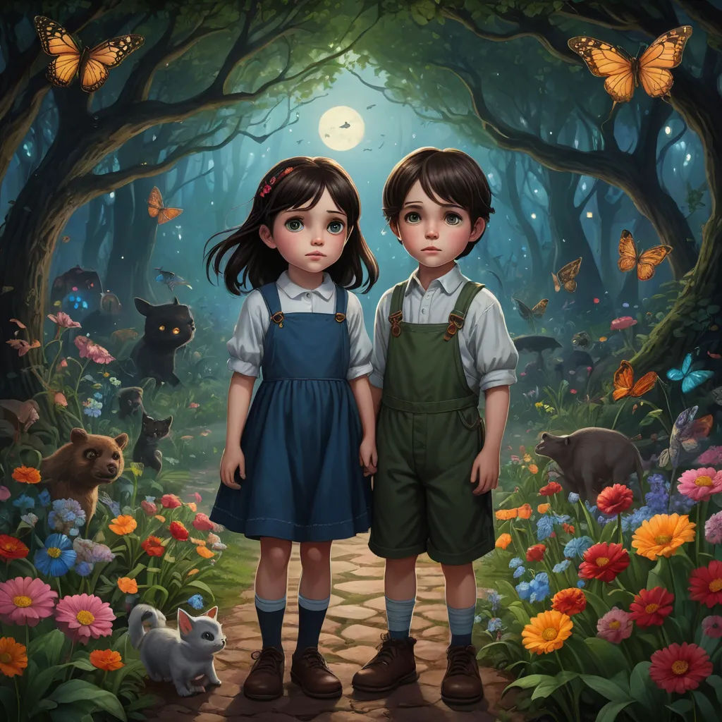 a painting of two children standing in a forest with butterflies flying overhead and a full moon in the sky, gothic art, a storybook illustration, Aaron Jasinski, official art
