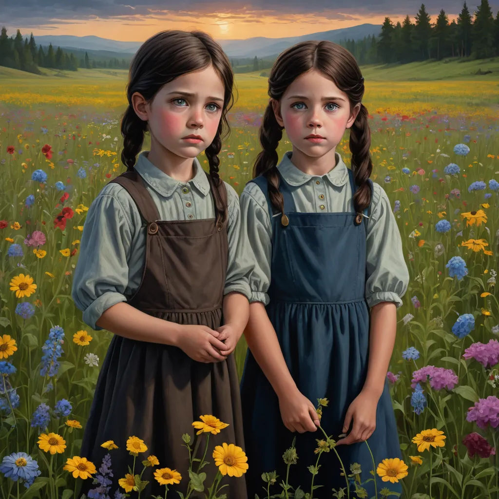 two girls standing in a field of flowers with a sunset in the background and a field of wildflowers, photorealism, a detailed painting, Brothers Hildebrandt, extremely detailed oil painting