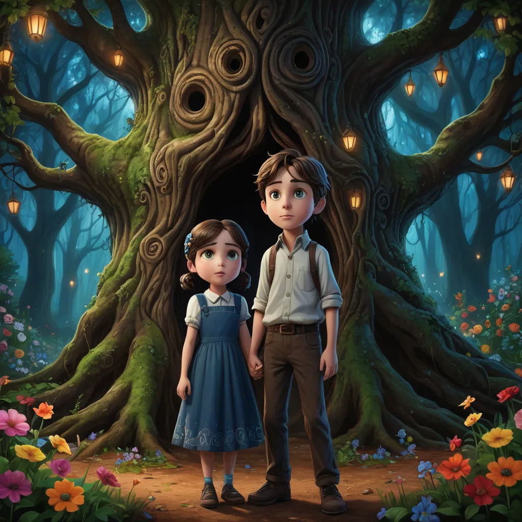 a boy and a girl standing in front of a tree with lanterns in the background and a forest with flowers, magical realism, a storybook illustration, Diego Gisbert Llorens, rossdraws global illumination