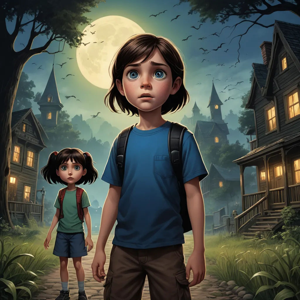 a young girl and a boy standing in front of a house with a full moon in the background and a creepy looking house, magical realism, a storybook illustration, Aaron Jasinski, key art