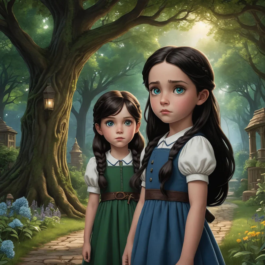 a painting of two girls standing in a forest with a lantern in the background and a tree in the foreground, fantasy art, a detailed matte painting, Brothers Hildebrandt, cushart krenz