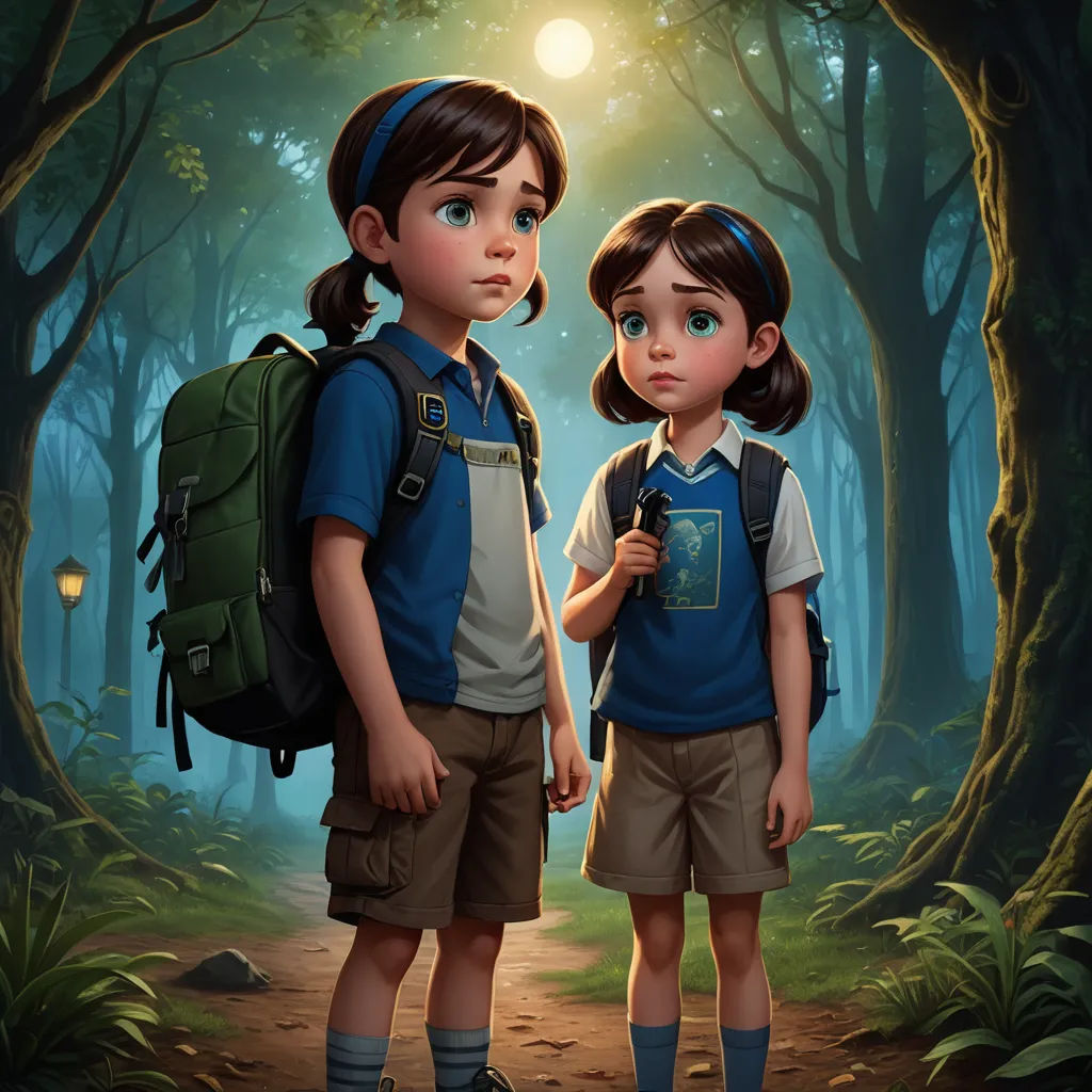 a couple of kids standing next to each other in a forest with a light on their head and a backpack on their shoulders, serial art, a storybook illustration, Diego Gisbert Llorens, key art