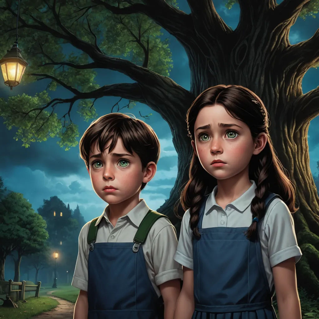 two children standing in front of a tree with a lantern on it's head and a street light in the background, sots art, a storybook illustration, Brothers Hildebrandt, official art