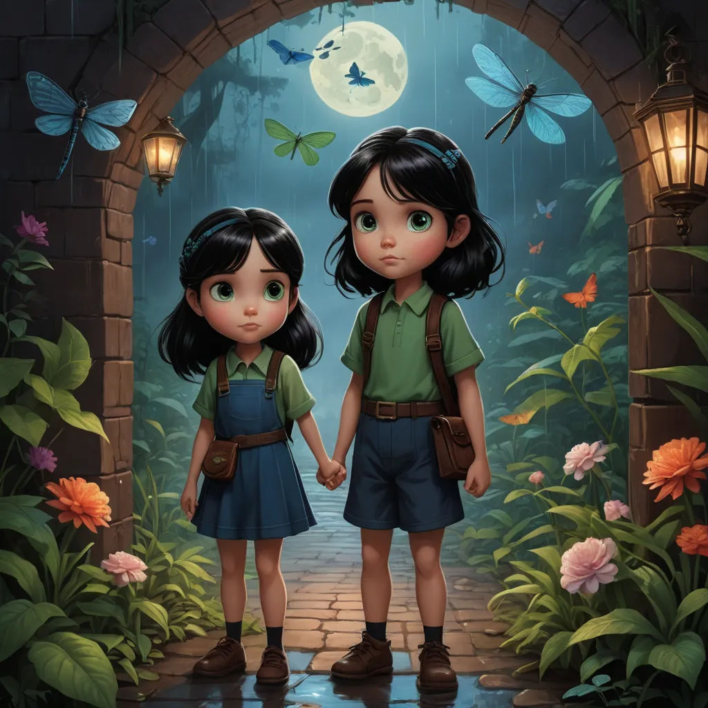 a couple of kids standing in front of a doorway with butterflies flying above them and a full moon above them, fantasy art, a storybook illustration, Brothers Hildebrandt, official art