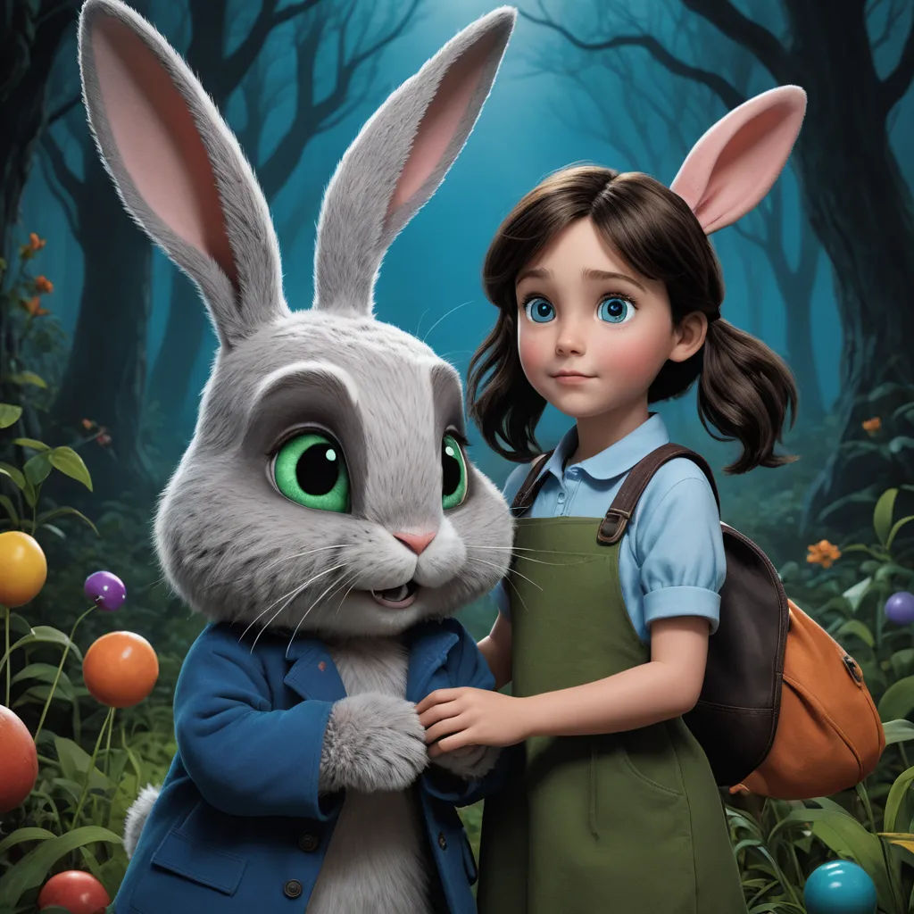a girl and a rabbit in a forest with eggs in the background and a full moon in the sky, furry art, a poster, Felix-Kelly, key art