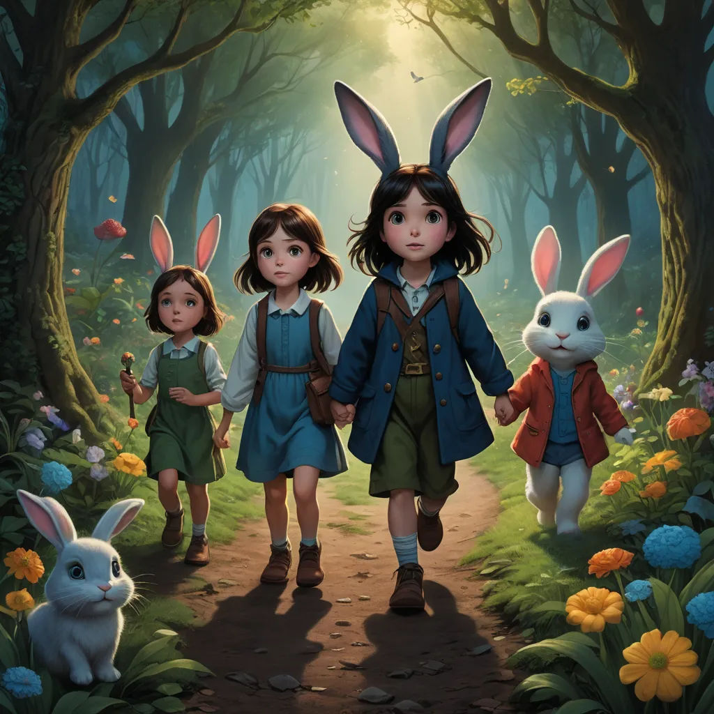 a painting of two girls and two rabbits walking through a forest with flowers and trees on either side of the path, fantasy art, a storybook illustration, Alice Prin, official art