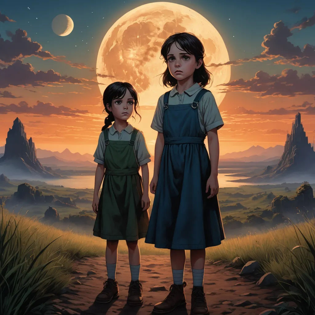 two children standing in front of a full moon with a mountain in the background and a field in the foreground, fantasy art, a detailed matte painting, Brothers Hildebrandt, cushart krenz