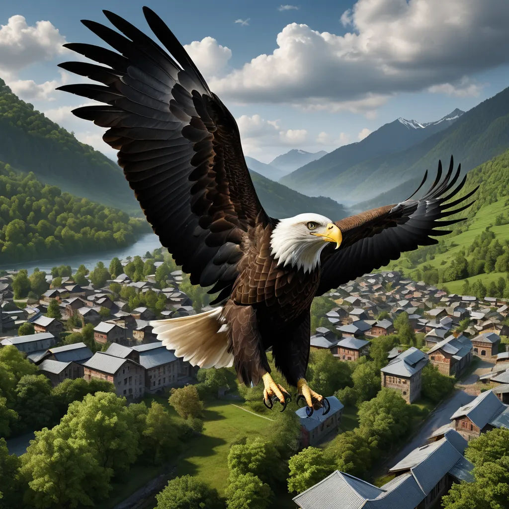 a large eagle flying over a small town in the mountains with a river below it and a mountain range in the background, american scene painting, a detailed matte painting, David Martin, highly detailed digital painting