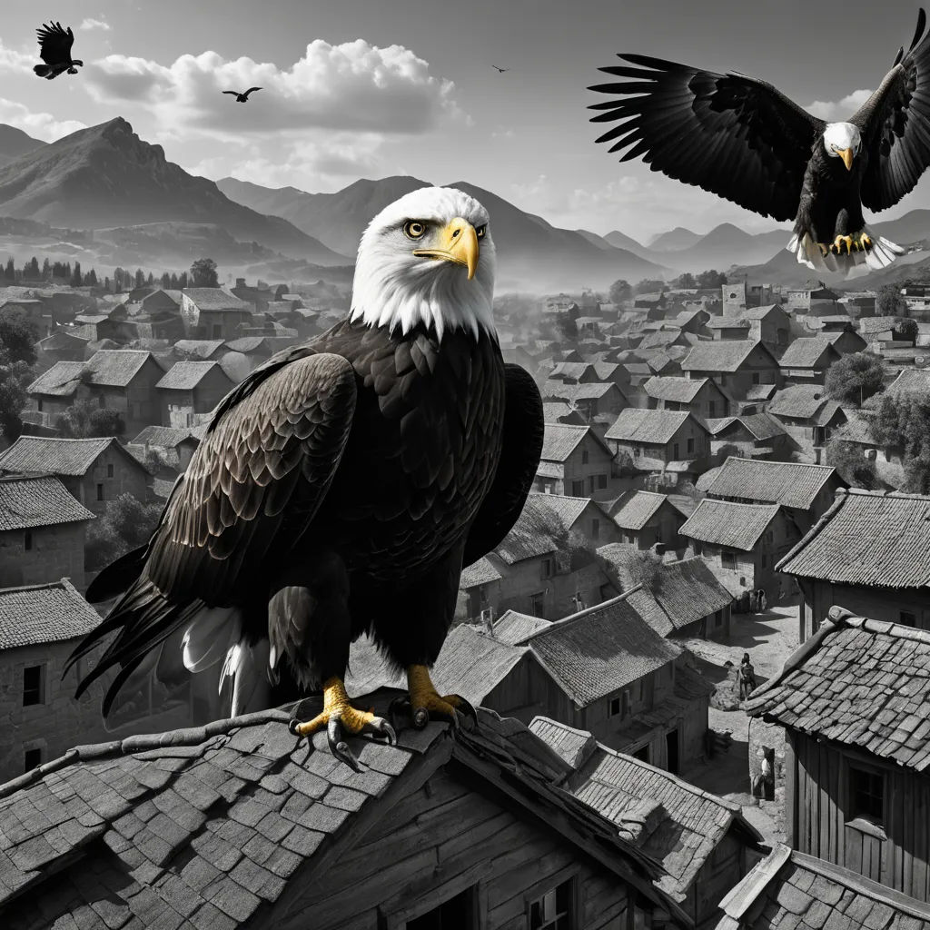 a black and white photo of two bald eagles on a rooftop of a village with mountains in the background, american scene painting, a detailed matte painting, Americo Makk, highly detailed digital art